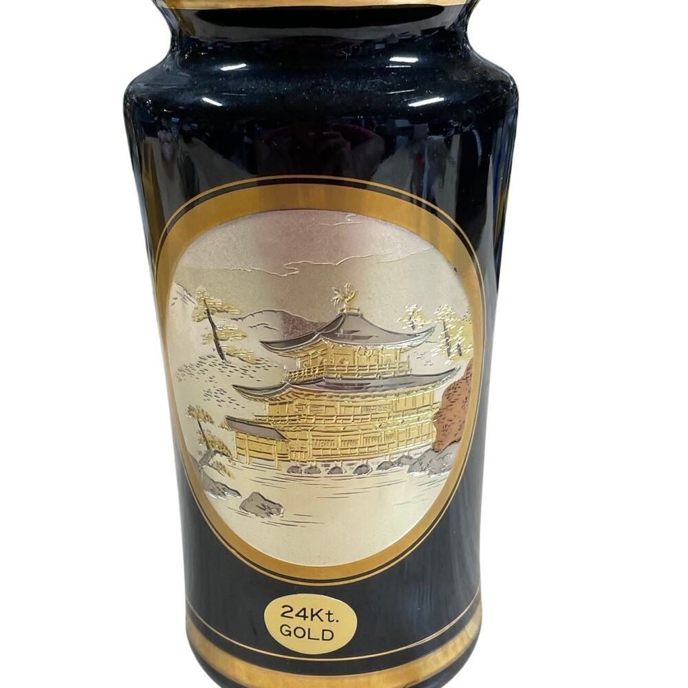 Vintage Art of Chokin Japanese Vase Black Procelain with Gold Trim GUC